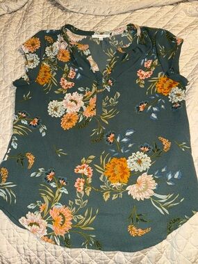 fun 2 fun Teal Floral Split-Neck Blouse with Pink & Orange Flowers